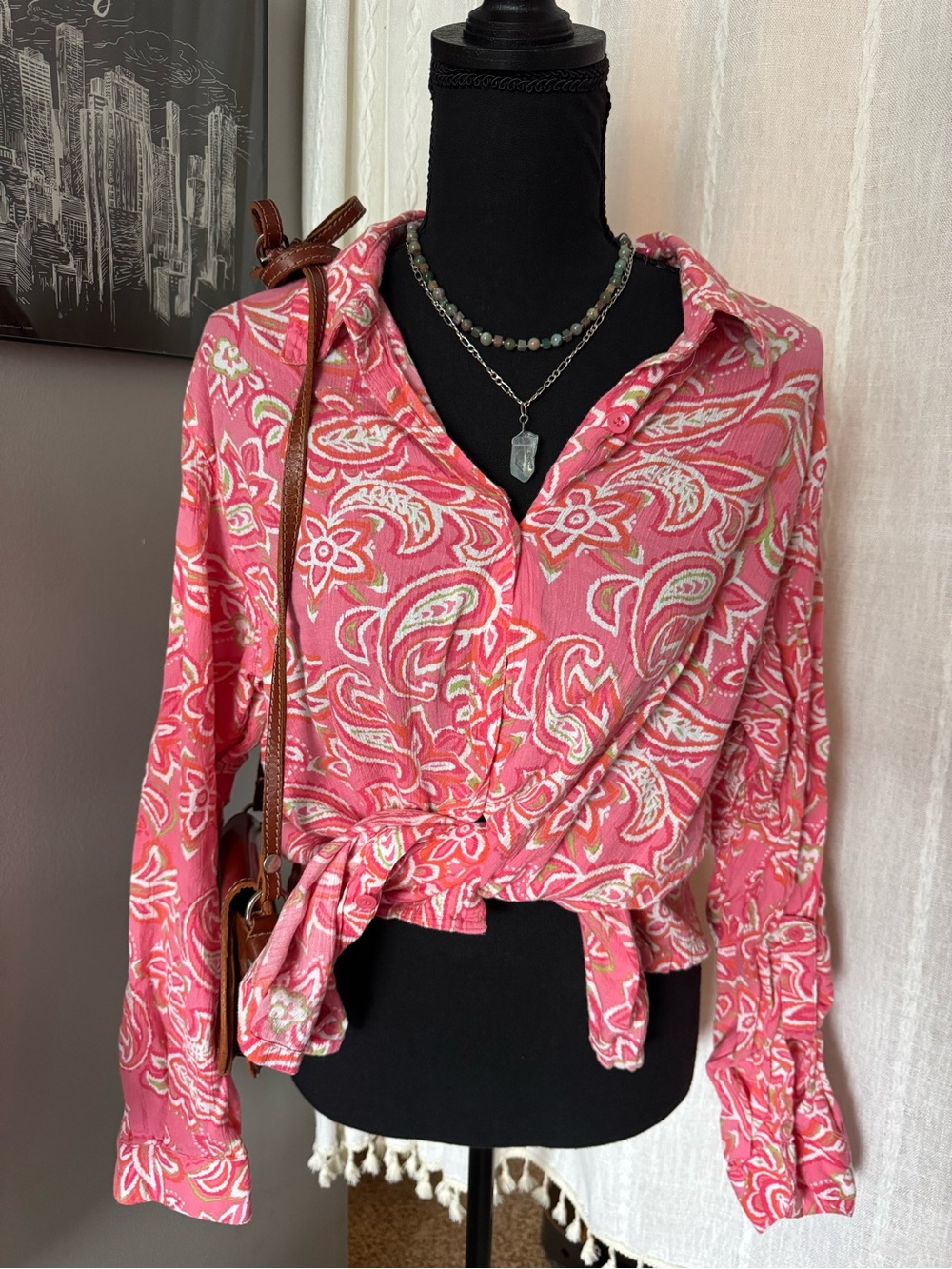 Appleseed's Pink Paisley Tie-Waist Button-Down Shirt